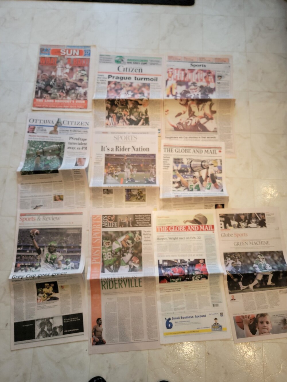 Saskatchewan Roughriders Grey Cup Newspapers 1989, 2007 & 2013